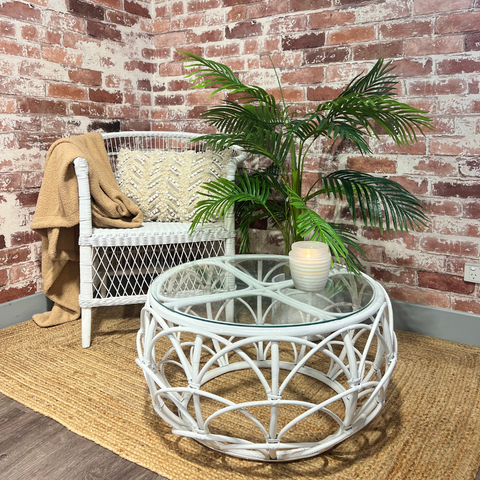 White Rattan Coffee Table, Round With Glass Top