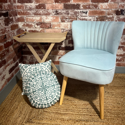 Sky Blue Velvet & Wood Accent Chair