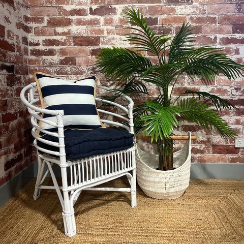 White Cane Chair With Navy Cushion