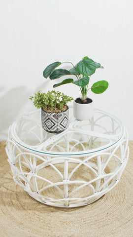 White Rattan Coffee Table, Round With Glass Top