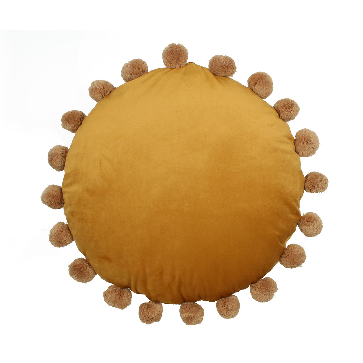 Barrett Mustard Velvet Round Filled Cushion With Pompoms