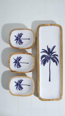Belize Blue Palm Set Of 3 Dip Bowls & Tray
