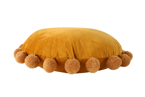 Barrett Mustard Velvet Round Filled Cushion With Pompoms