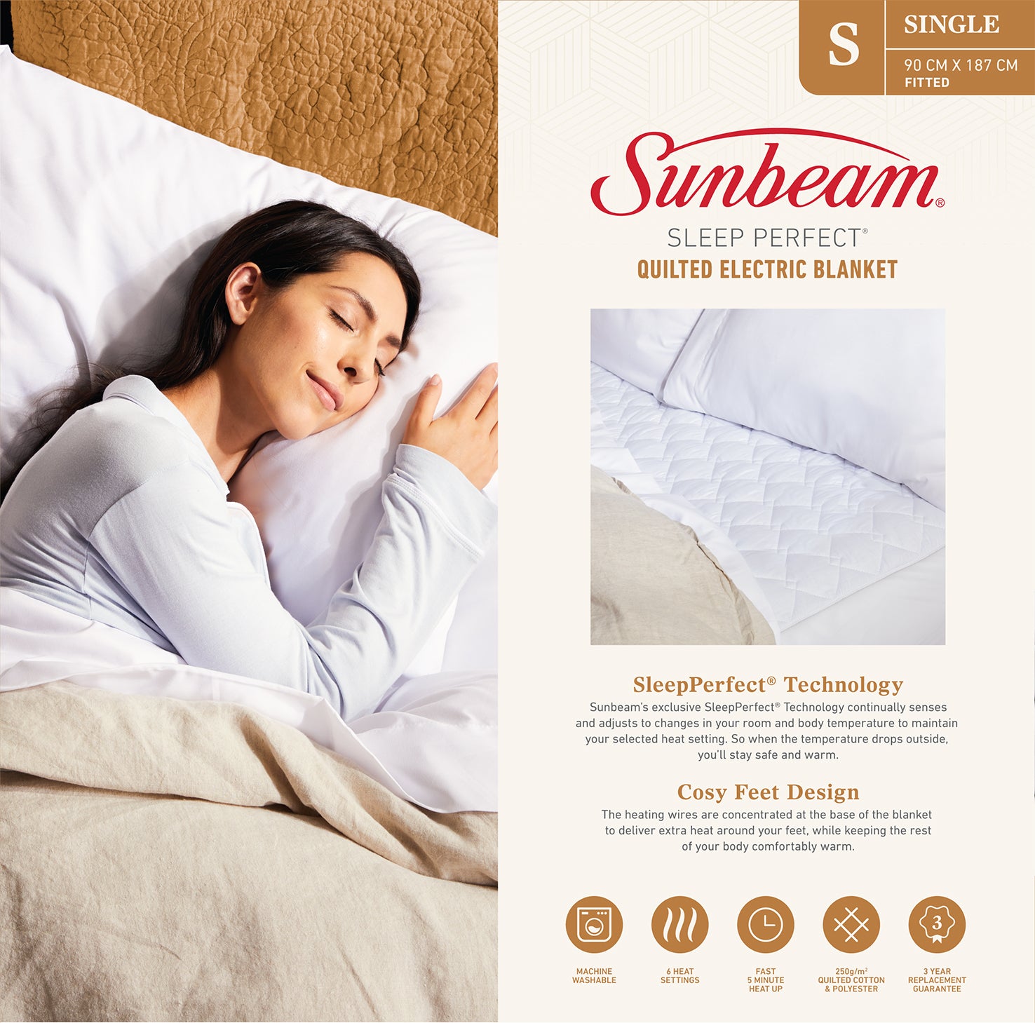 Sunbeam SINGLE Sleep Perfect 250g/m2 Luxury Quilted Electric Blanket,