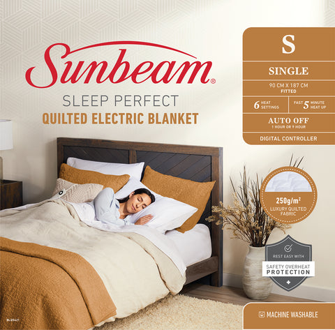 Sunbeam SINGLE Sleep Perfect 250g/m2 Luxury Quilted Electric Blanket, 6 Heat Settings, Fast Heat Up, Auto Off, Digital Controller, Overheat Protection, Machine Washable (BLQ5421)