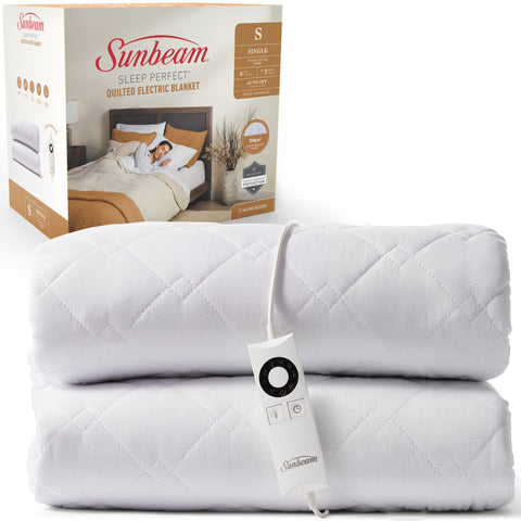 Sunbeam SINGLE Sleep Perfect 250g/m2 Luxury Quilted Electric Blanket, 6 Heat Settings, Fast Heat Up, Auto Off, Digital Controller, Overheat Protection, Machine Washable (BLQ5421)