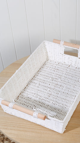 Functional White Paper Rope Basket with Wooden Handle - Available in Australia