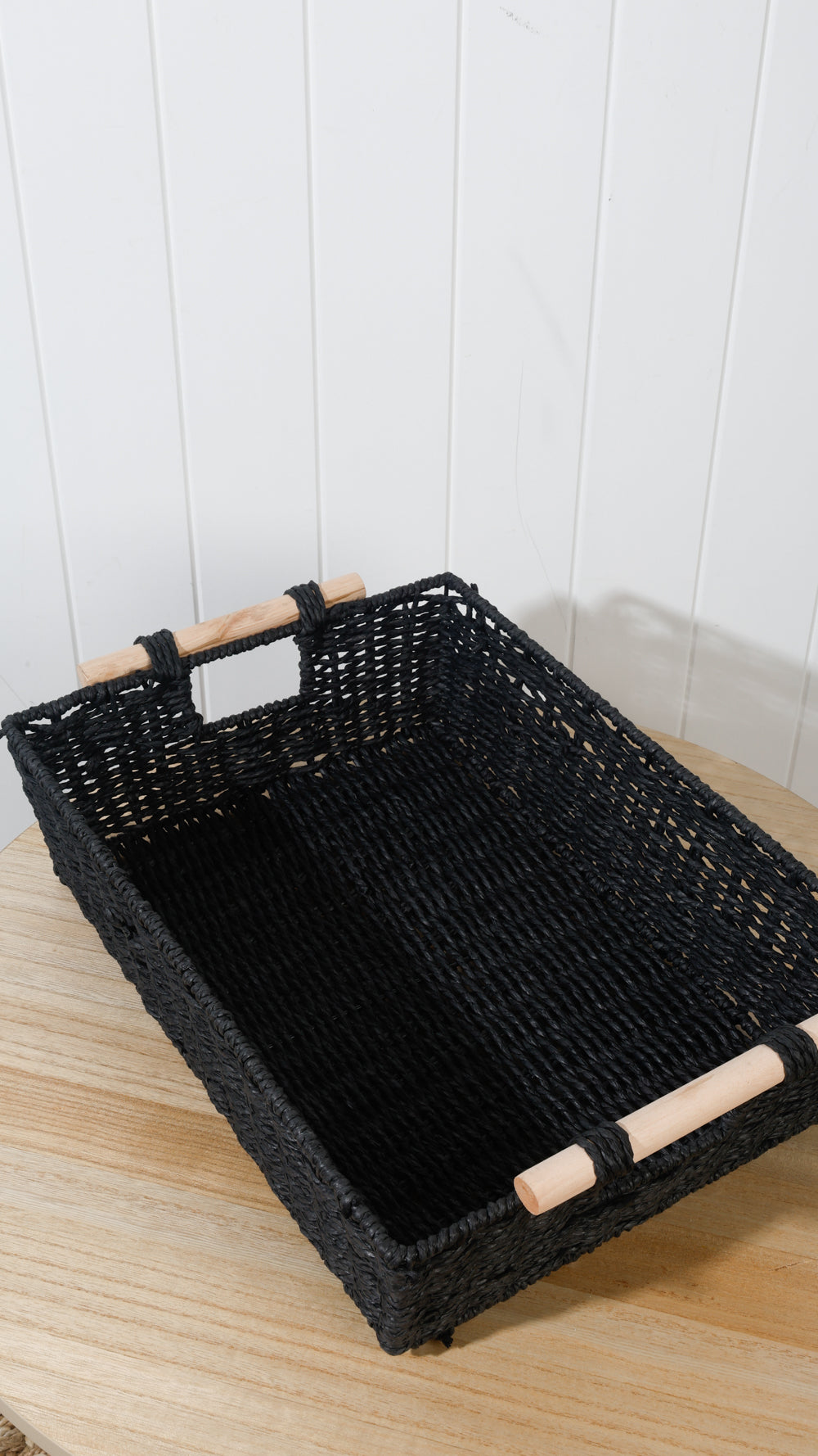 Black Storage Basket With Wooden Handles 46 x 33 x 11 cm