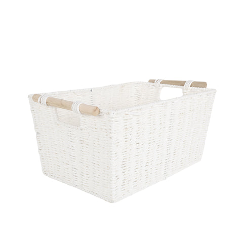 CERCY PAPER ROPE BASKET WHITE WITH WOODEN HANDLE 42 X 29 X 21CM