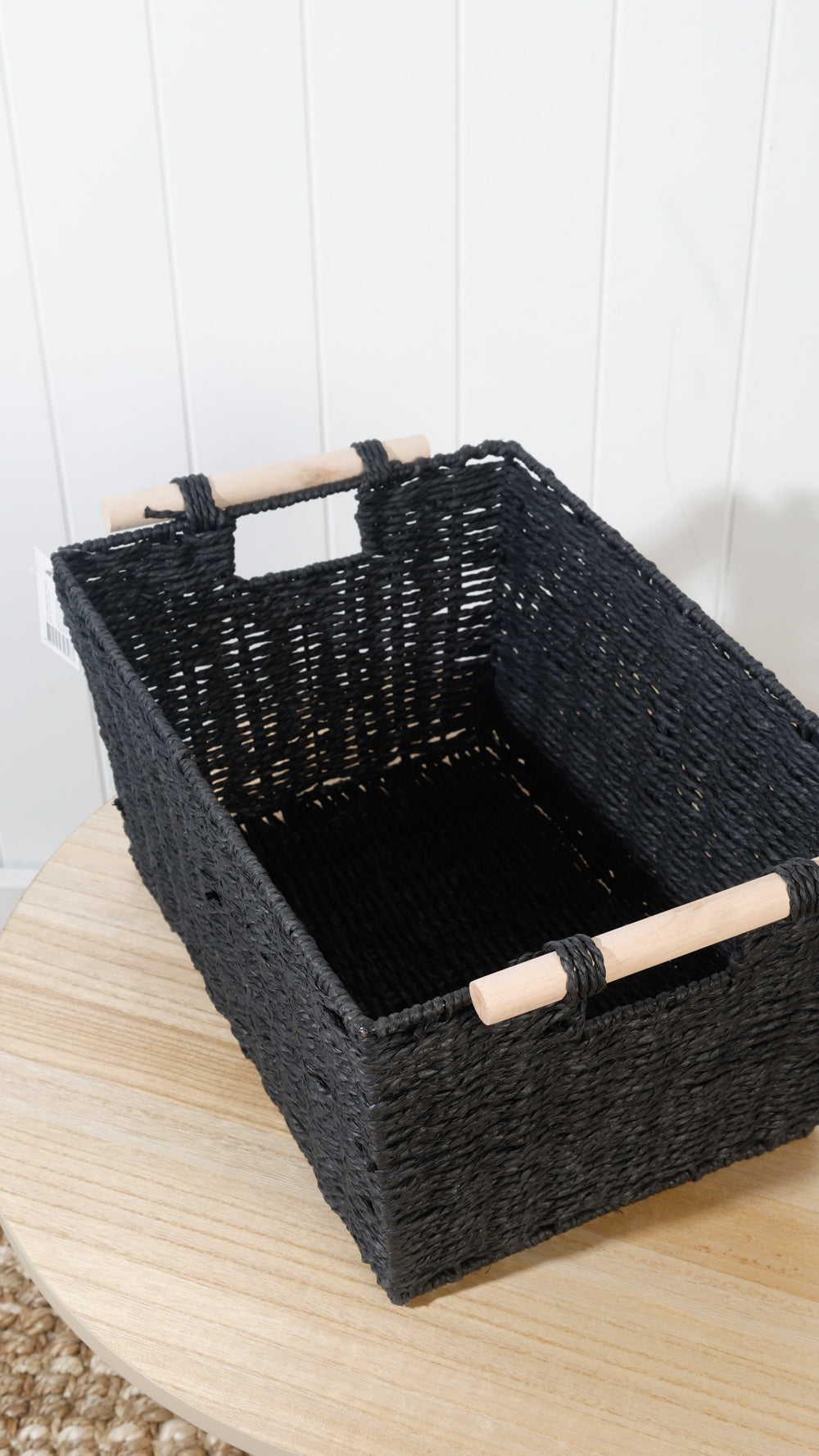 Black Storage Basket With Wooden Handles 42 x 29 x 21cm