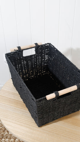 Black Paper Rope Basket With Wooden Handle