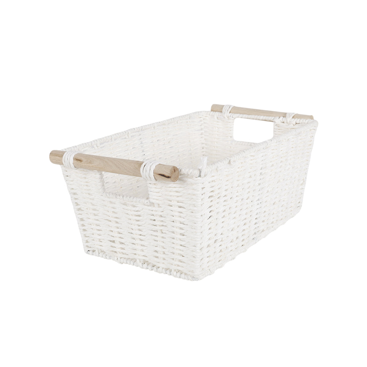 White Paper Rope Basket With Wooden Handle