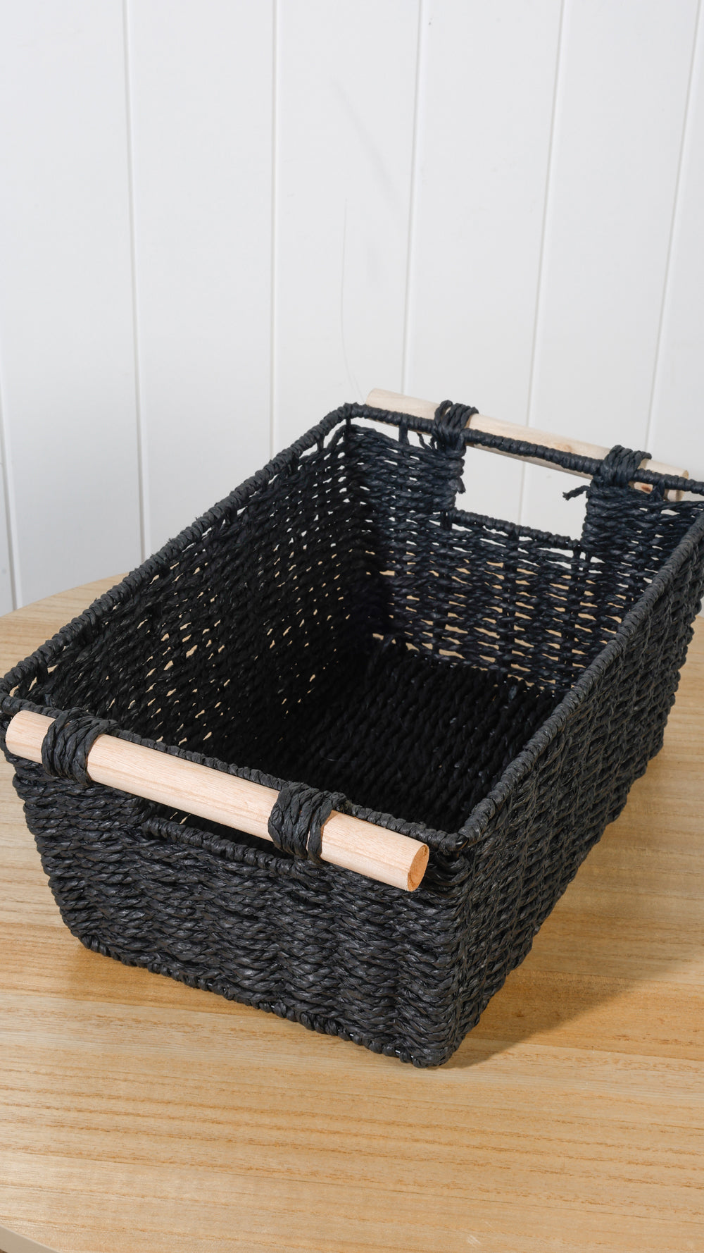 Black Storage Basket With Wooden Handles 37 x 24 x 16cm