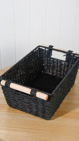 Cercy Paper Rope Organiser Black With Wooden Handle 37 x 24 x 16cm