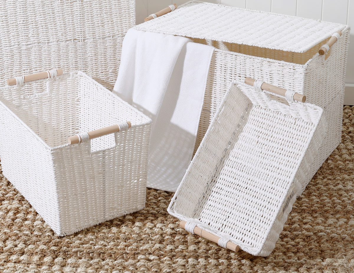 White Paper Rope Basket with Lid - Collapsible for Convenient Storage, Shop at Maine & Crawford