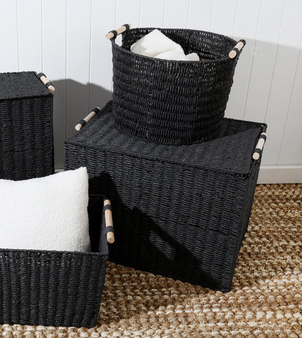 Cercy Paper Rope Organiser Black With Wooden Handle 45 x 30 cm