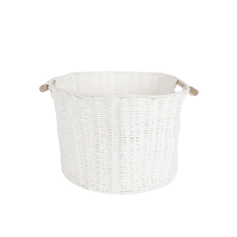 Round White Paper Rope Basket With Wooden Handle