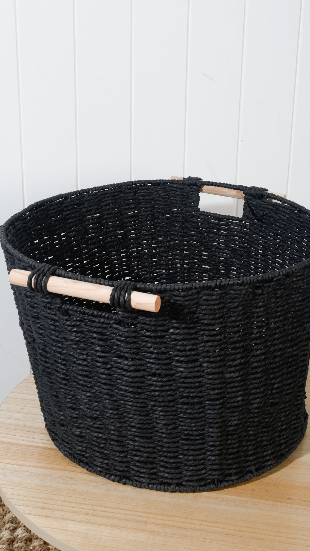 Black Round Storage Basket With Wooden Handles 45 x 30 cm