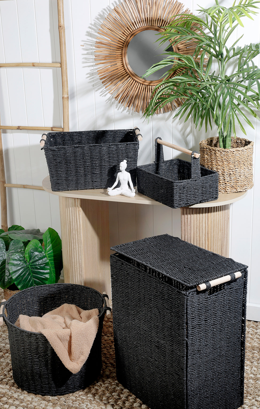 Black Storage / Laundry Basket With Wooden Handles And Lid / Collapsible 60 x 45 x 30cm