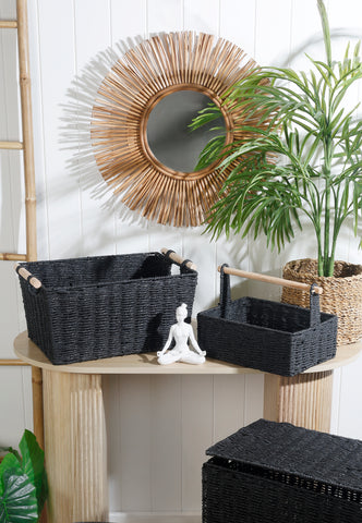 Black Paper Rope Basket With Wooden Handle