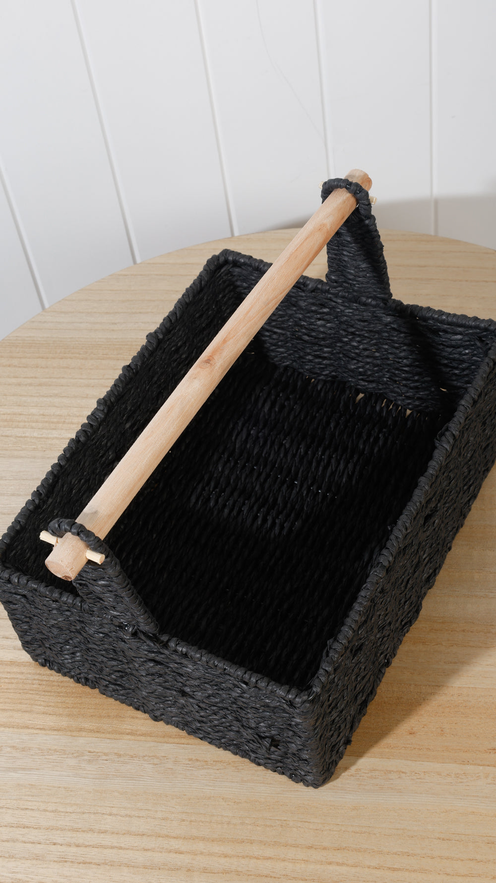 Black Storage Basket With Wooden Handle 30 x 24 x 22cm