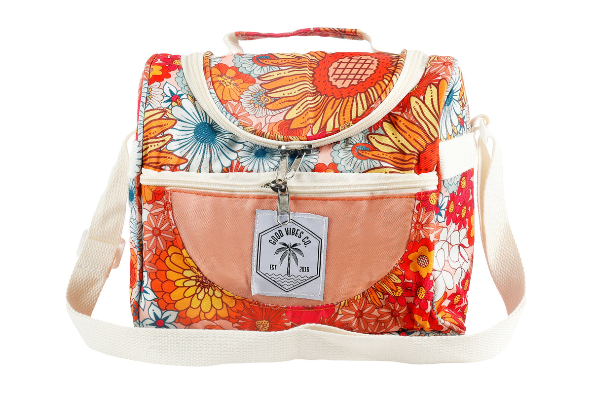 Lunch Cooler Companion, Removable Shoulder Strap, Zipped Storage Pocket - Retro Summer