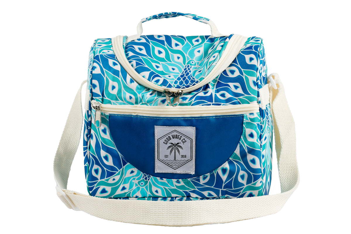 Lunch Cooler Companion, Removable Shoulder Strap, Zipped Storage Pocket - Peacock Paradise