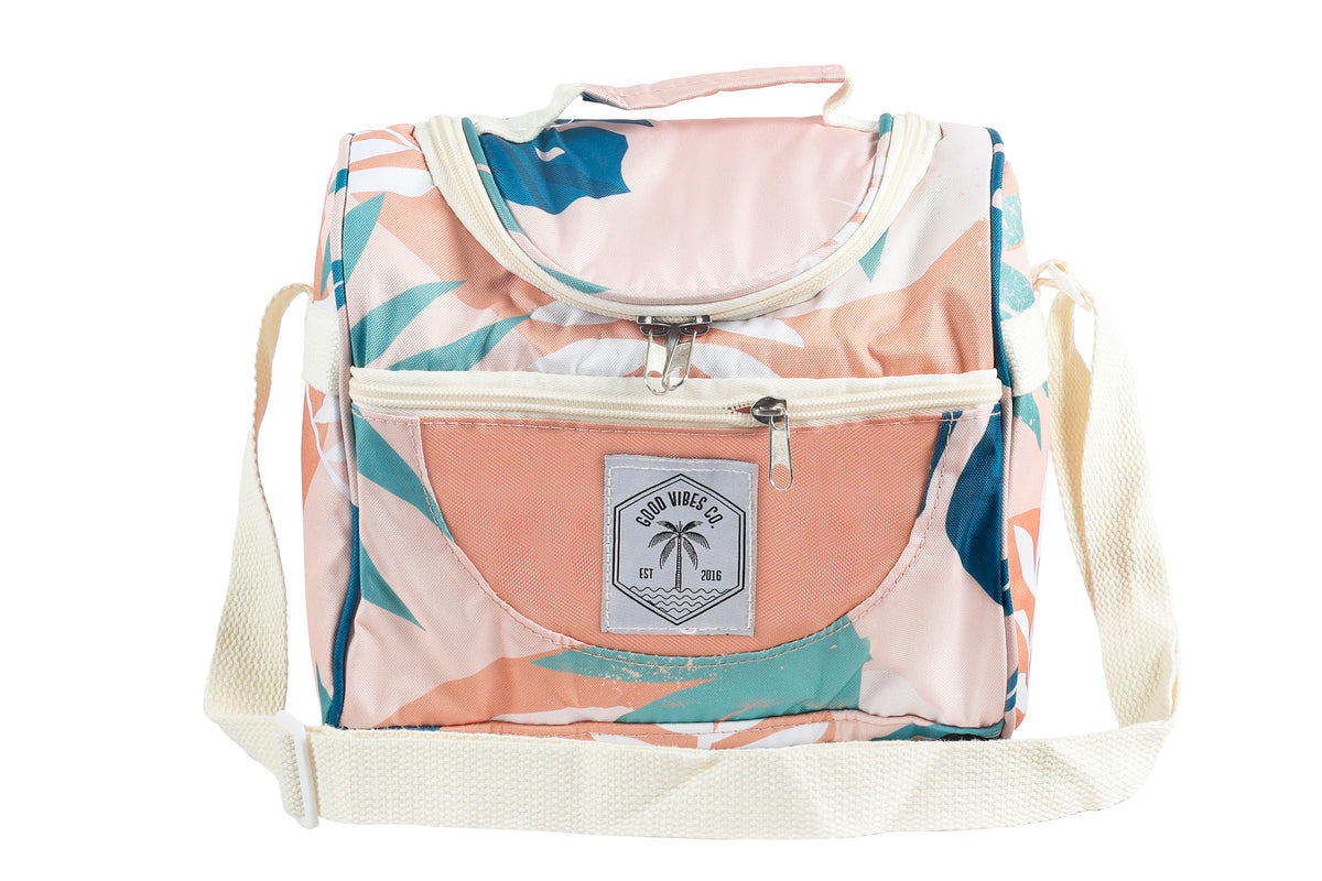 Lunch Cooler Companion, Removable Shoulder Strap, Zipped Storage Pocket - Blush Palm