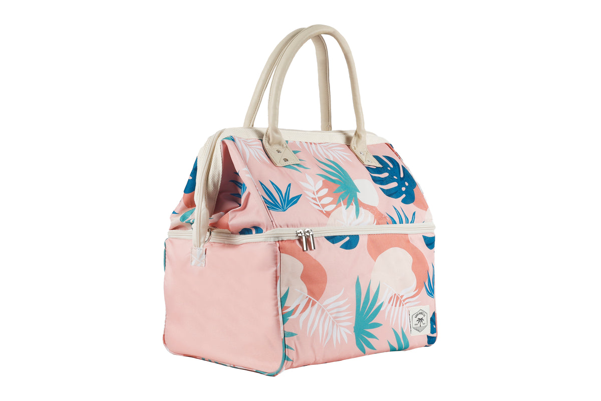Premium Insulated Picnic Cooler Bag, Carry Handles, 2 Separate Compartments, Holds 24+ Cans - Blush Palm