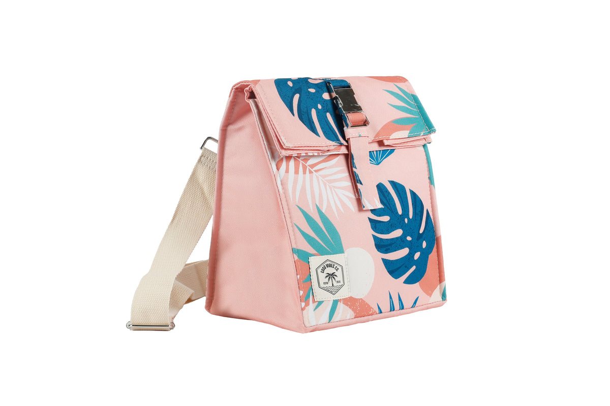 Insulated Lunch Bag, Removable Shoulder Strap, Metal Buckle - Blush Palm