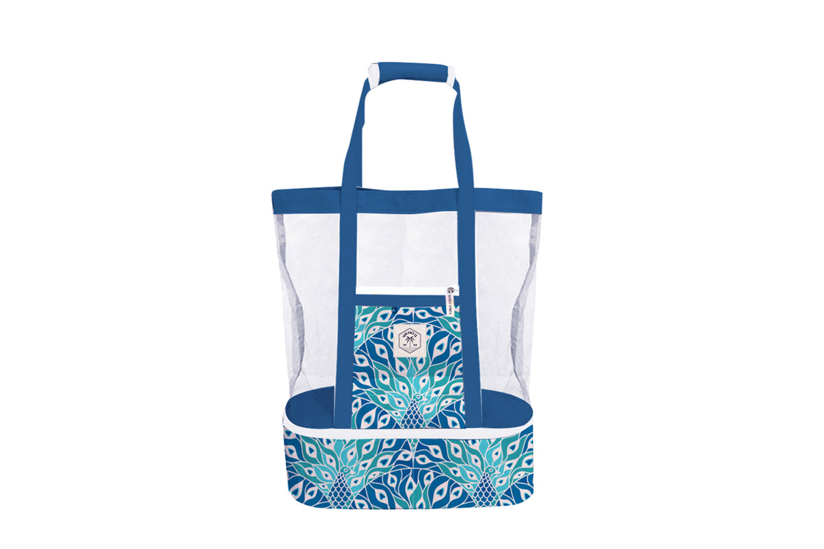 2 in 1 Insulated Beach Cooler Bag, 2 Compartments, Mesh Top, Zipped Pocket - Peacock Paradise
