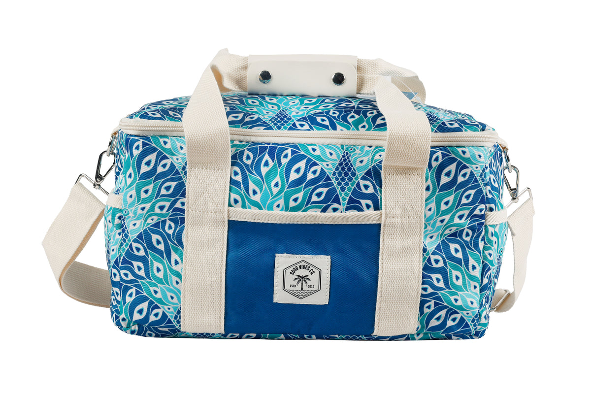 Good Vibes™ 15 Can Deluxe Cooler Bag, Insulated Lining, Removable Shoulder Strap, Storage Pocket - Peacock Paradise