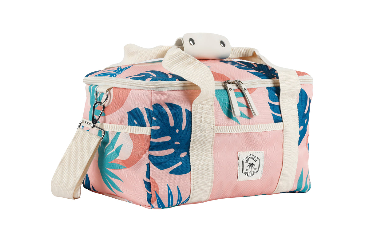 15 Can Deluxe Cooler Bag, Insulated Lining, Removable Shoulder Strap, Storage Pocket - Blush Palm