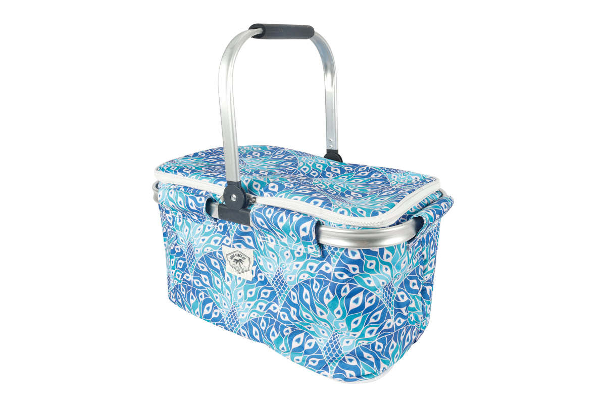 Good Vibes™ Insulated Market Cooler Bag, Aluminium Frame, Fully Zipped, Collapsible - Peacock Paradise