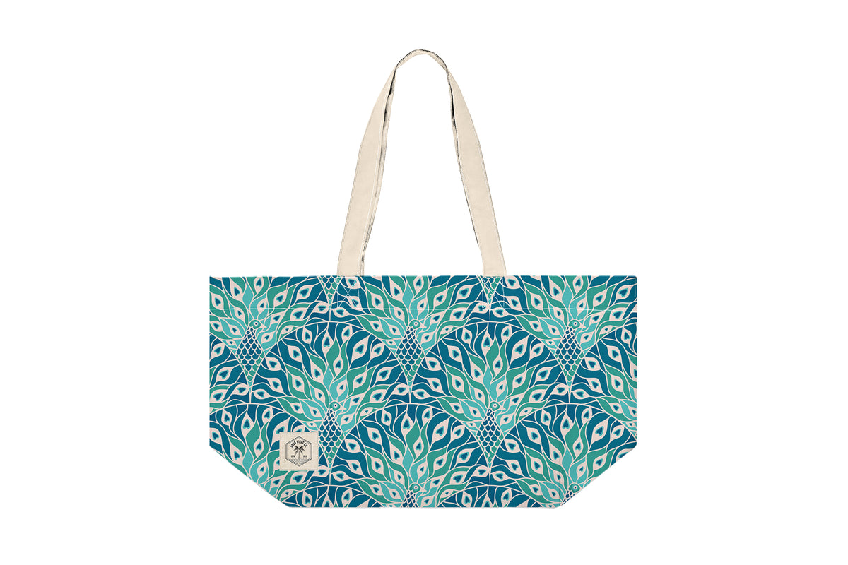 Good Vibes™ Eco Folding Shopping Tote Bag, 2 Internal Pockets, Handles - Peacock Paradise