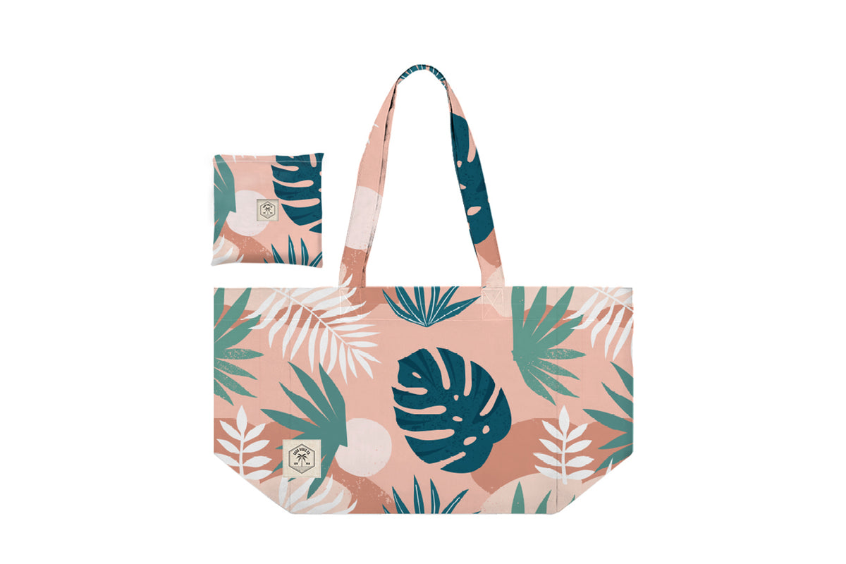 Good Vibes™ Eco Folding Shopping Tote Bag, 2 Internal Pockets, Handles - Blush Palm