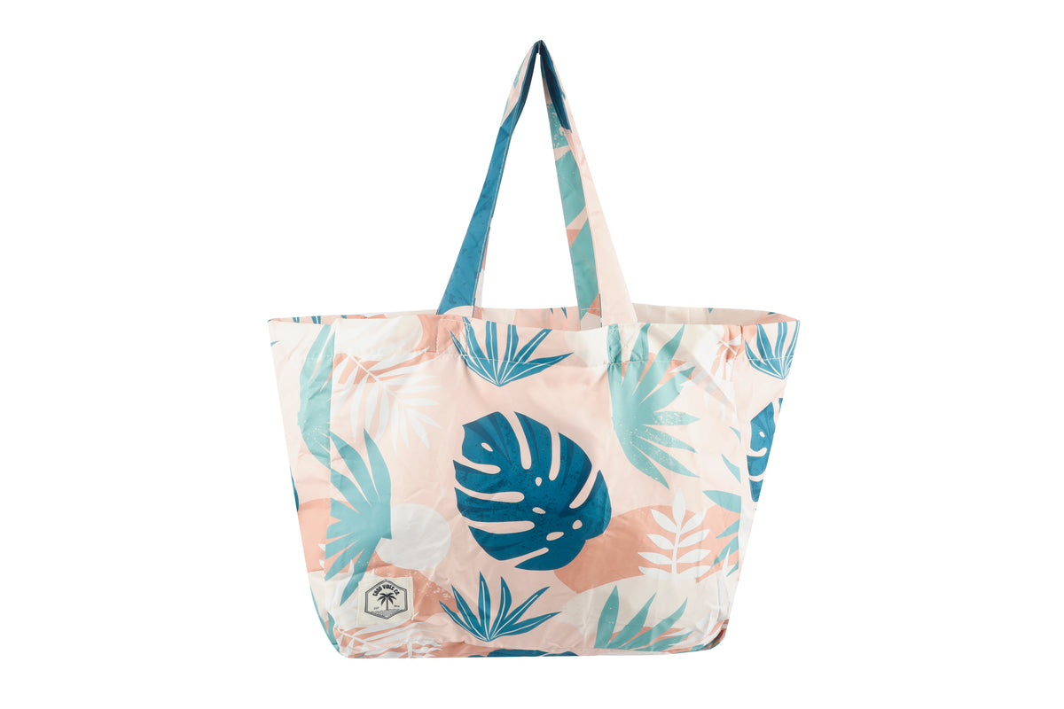 Eco Folding Shopping Tote Bag, 2 Internal Pockets, Handles - Blush Palm