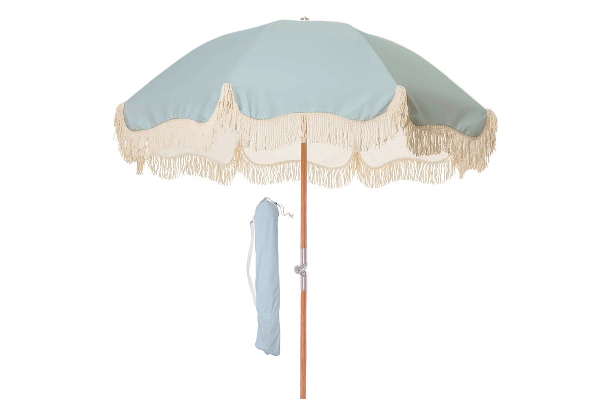1.75m Premium 100% Canvas Beach Umbrella, UV50+, Wood Pole, Cotton Tassels, Tilting Mechanism, Sand Screw - Bay Blue