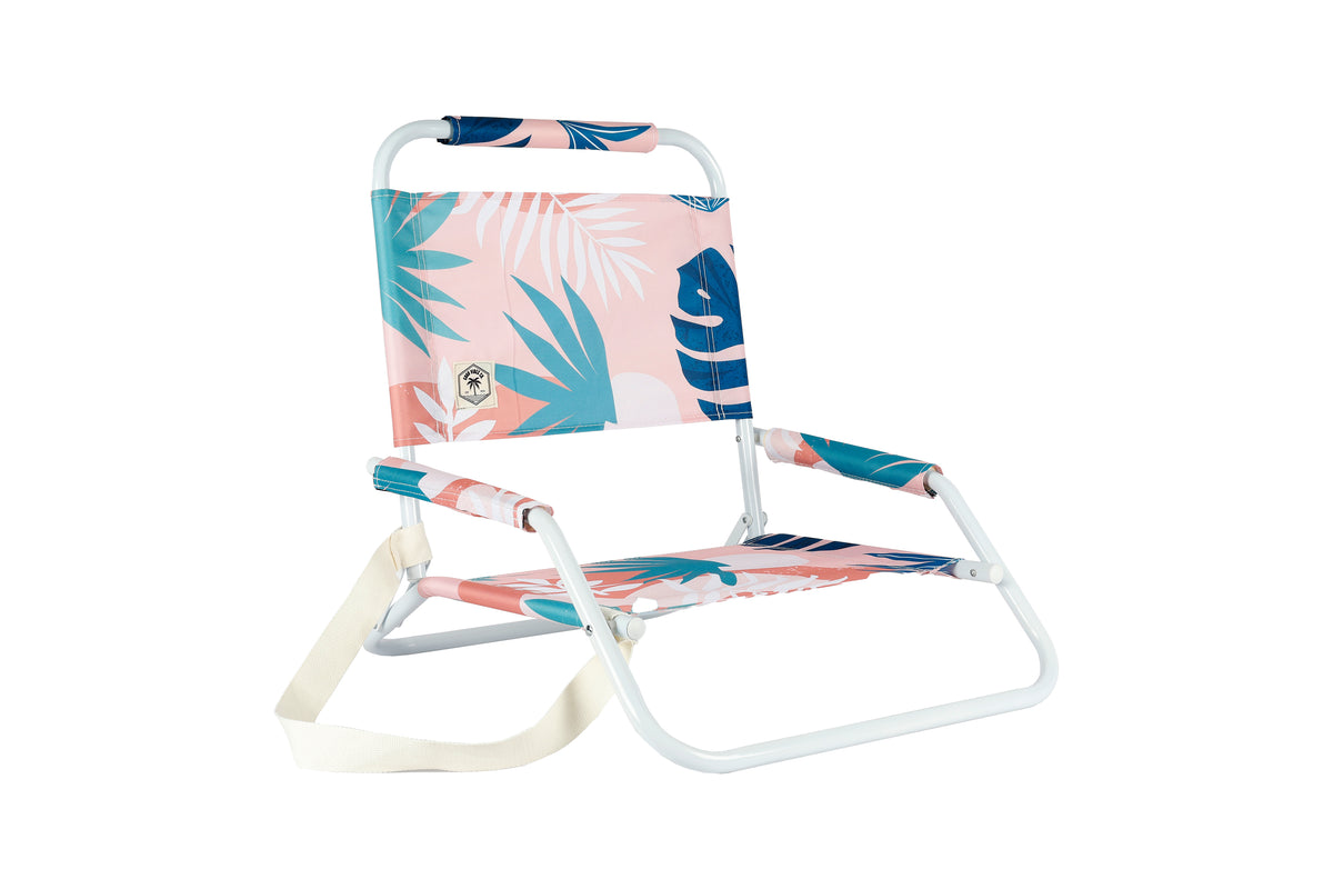 Good Vibes™ Foldable Beach Chair with Carry Strap, Lightweight & Portable, High Back, Powder Coated Frame - Blush Palm