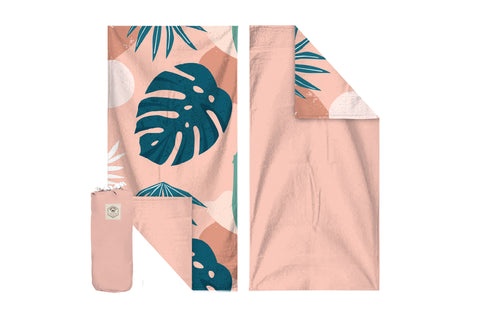160cm Premium Waffle Beach Towel with Storage Bag, Double Sided, Eco Friendly, Sand Free, Quick Dry, Ultra Absorbent - Blush Palm
