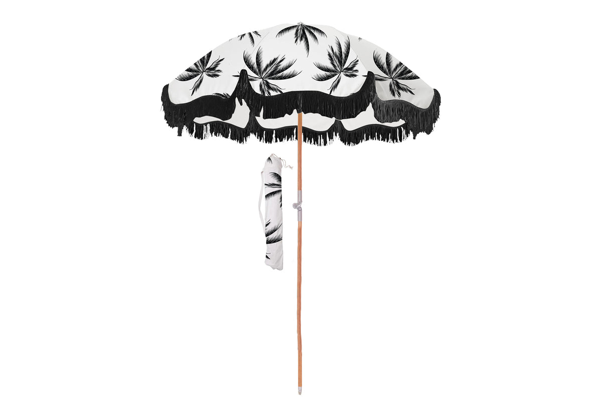 1.75m Premium 100% Canvas Beach Umbrella, UV50+, Wood Pole, Cotton Tassels, Tilting Mechanism, Sand Screw - Havana