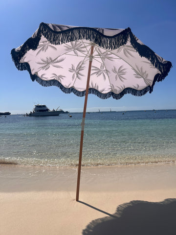 1.75m Premium 100% Canvas Beach Umbrella, UV50+, Wood Pole, Cotton Tassels, Tilting Mechanism, Sand Screw - Havana