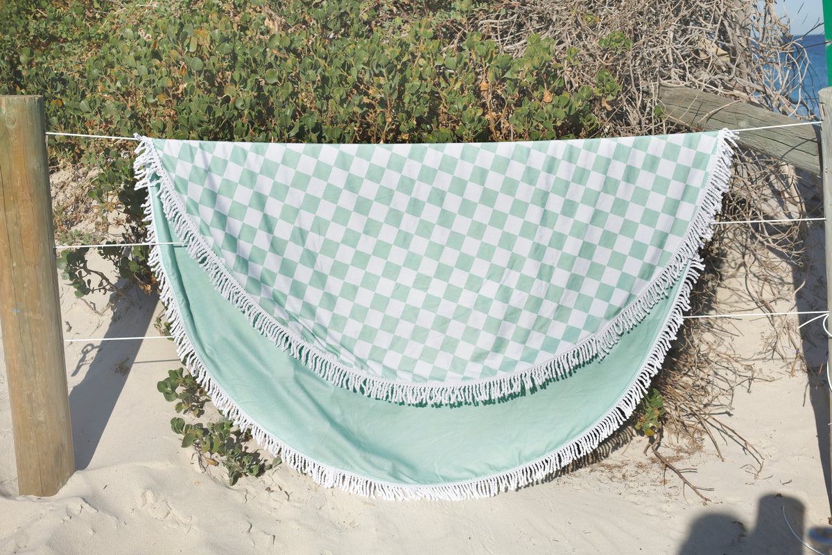 Good Vibes™ Round 400gsm Microfibre Beach Towel with Tassels 150cm Diameter - Sage Check