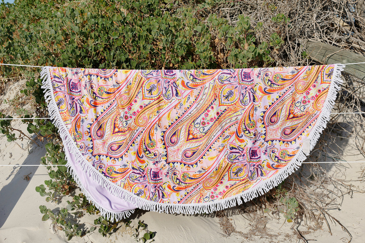 Round Microfibre Beach Towel with Tassels 150cm Diameter - Nomad Paisley