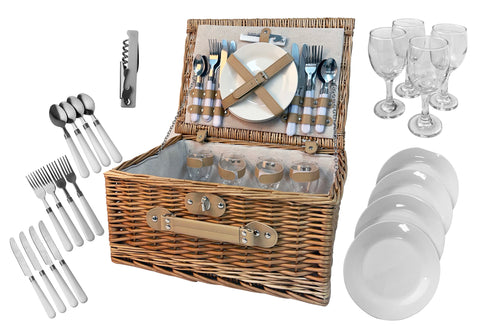 Good Vibes™ Classic Willow 4 Person Picnic Basket Set, 26 Piece, Carry Strap