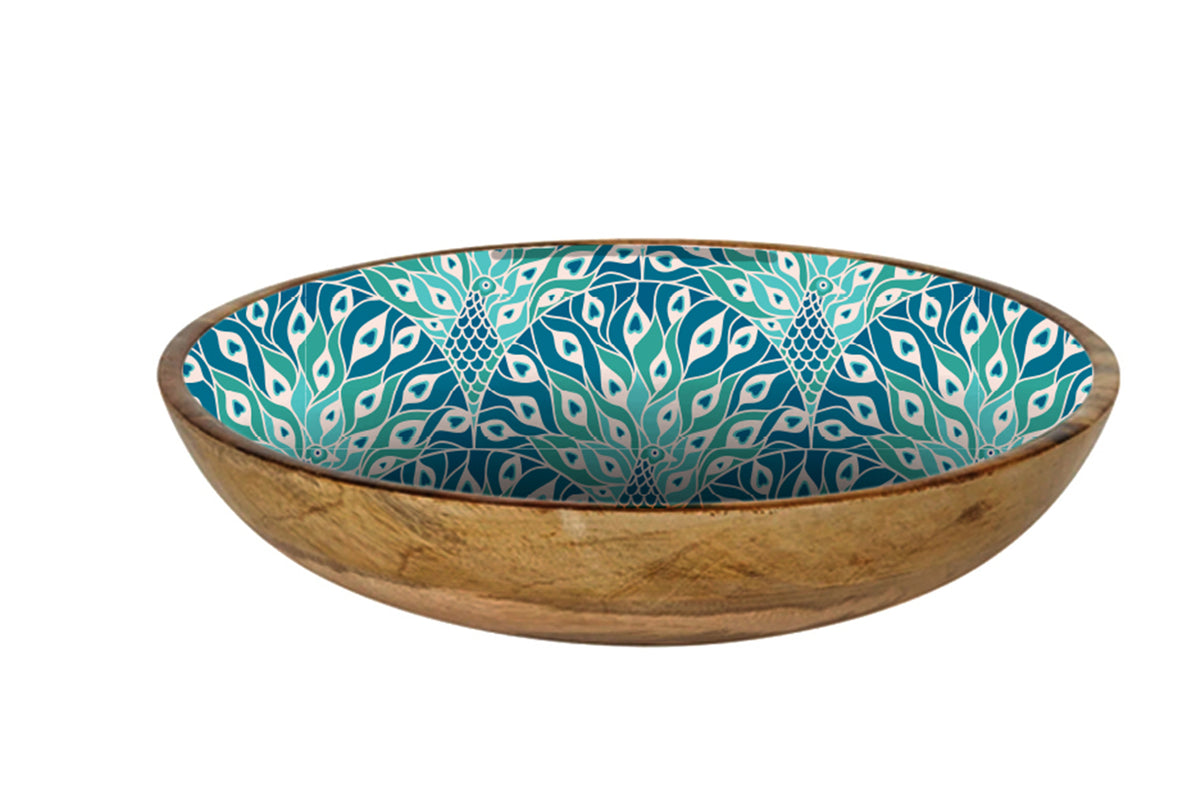 Mango Wood and Enamel Salad Bowl 31cm - Peacock Paradise