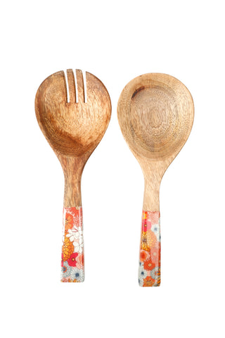 Good Vibes™ 2pc Mango Wood & Enamel Salad Servers 24cm - Retro Summer