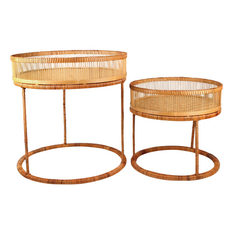 Set Of 2, Rattan And Bamboo Tables, 54 x 54 x 42cm