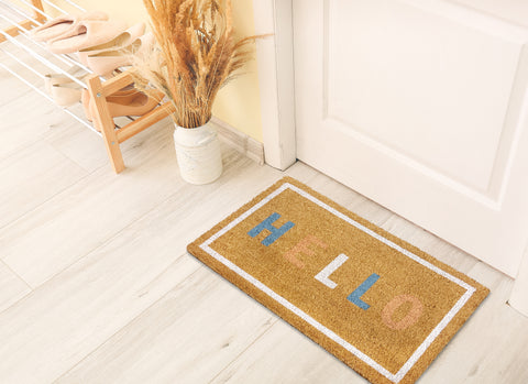 M&C™ COIR & VINYL DOORMAT PASTEL 'HELLO' DESIGN 70x40x1.5cm