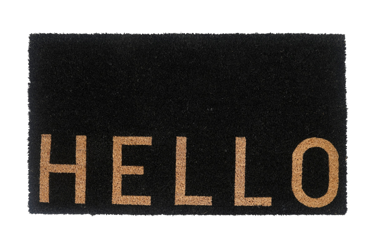 M&C™ COIR & VINYL DOORMAT BLACK & NATURAL 'HELLO' DESIGN 70x40x1.5cm